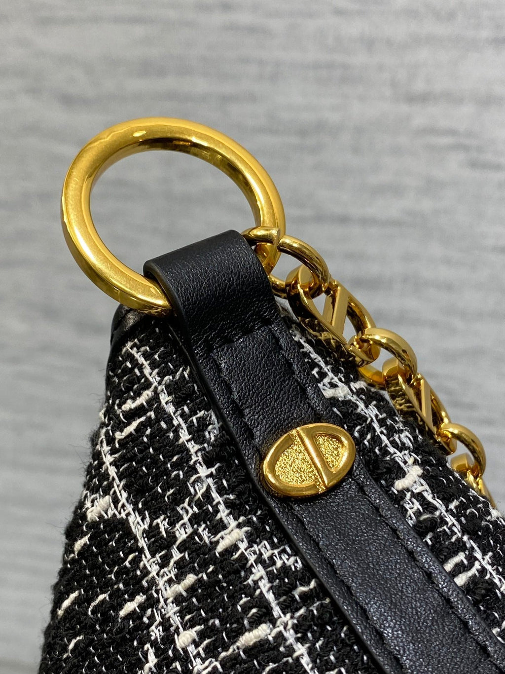DIOR STAR HOBO 28 BAG WITH CHAIN BLACK MIX WHITE CANNAGE TWEED WITH GOLD HARDWARE