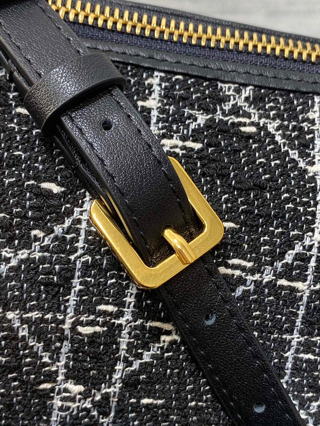 DIOR STAR HOBO 28 BAG WITH CHAIN BLACK MIX WHITE CANNAGE TWEED WITH GOLD HARDWARE