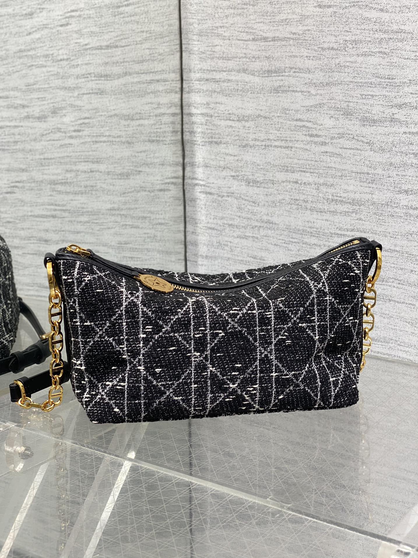 DIOR STAR HOBO 28 BAG WITH CHAIN BLACK MIX WHITE CANNAGE TWEED WITH GOLD HARDWARE