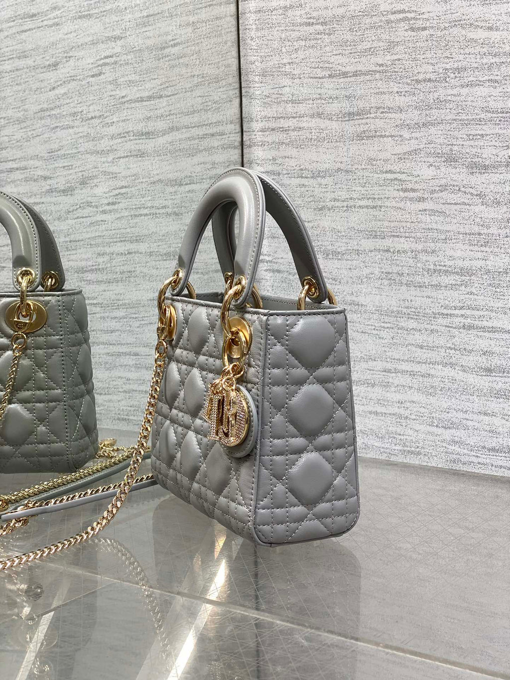 DIOR 25S MINI LADY  BAG 17 IN DARK GRAY CALFSKIN CHARM CRYSTAL EMBELLISHMENTS