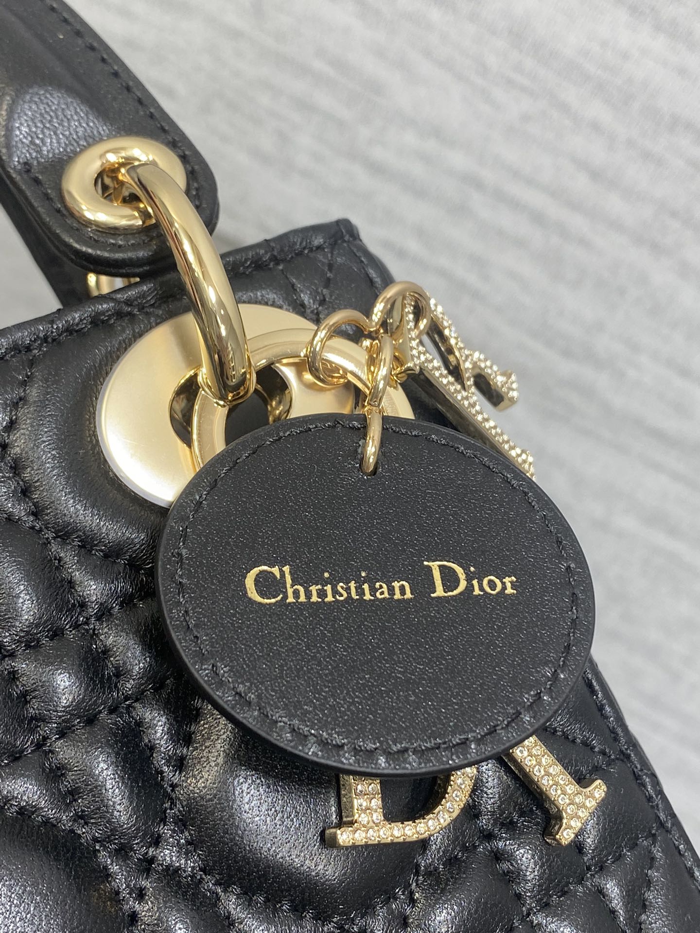 DIOR 25S MINI LADY  BAG 17 IN BLACK CALFSKIN CHARM CRYSTAL EMBELLISHMENTS