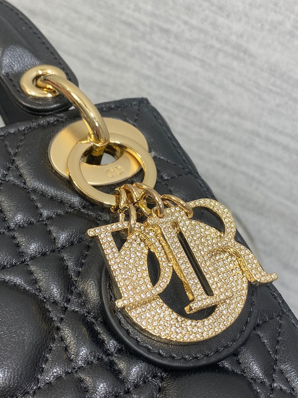 DIOR 25S MINI LADY  BAG 17 IN BLACK CALFSKIN CHARM CRYSTAL EMBELLISHMENTS