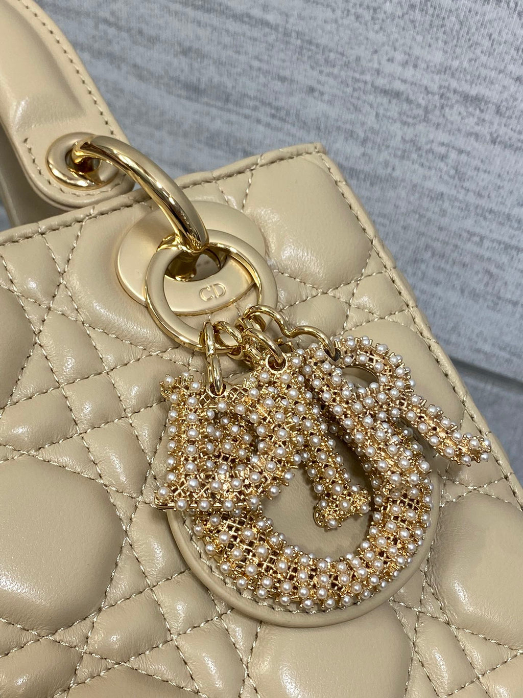 DIOR 25S LADY  BAG 20 IN SAND BEIGE CALFSKIN CHARM PEARL EMBELLISHMENTS