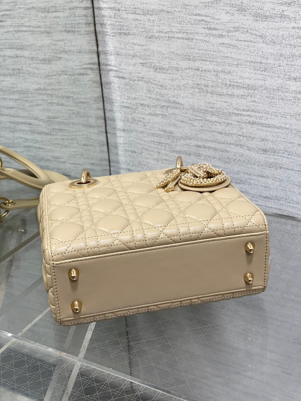 DIOR 25S LADY  BAG 20 IN SAND BEIGE CALFSKIN CHARM PEARL EMBELLISHMENTS