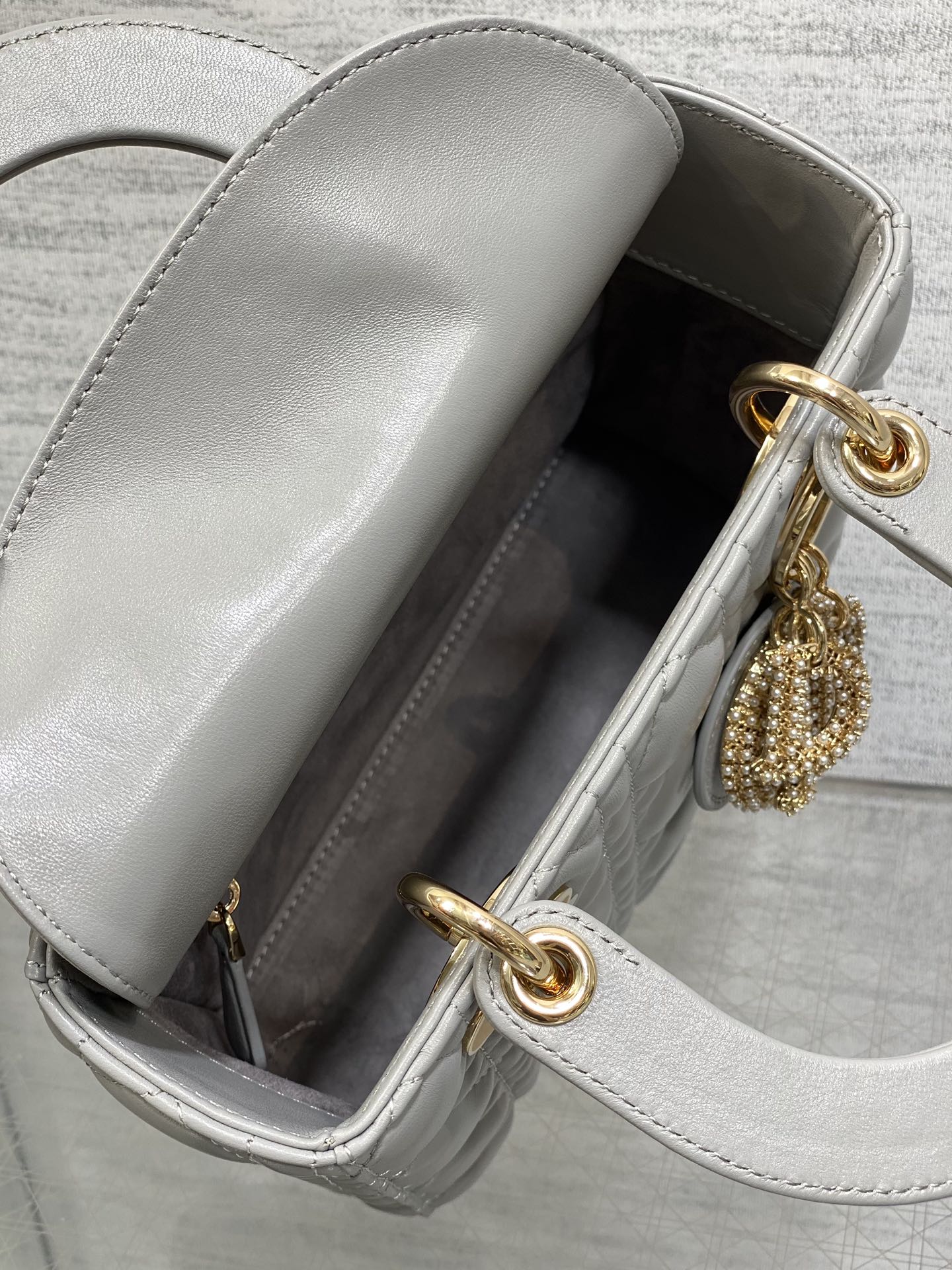 DIOR 25S LADY  BAG 20 IN DARK GRAY CALFSKIN CHARM PEARL EMBELLISHMENTS
