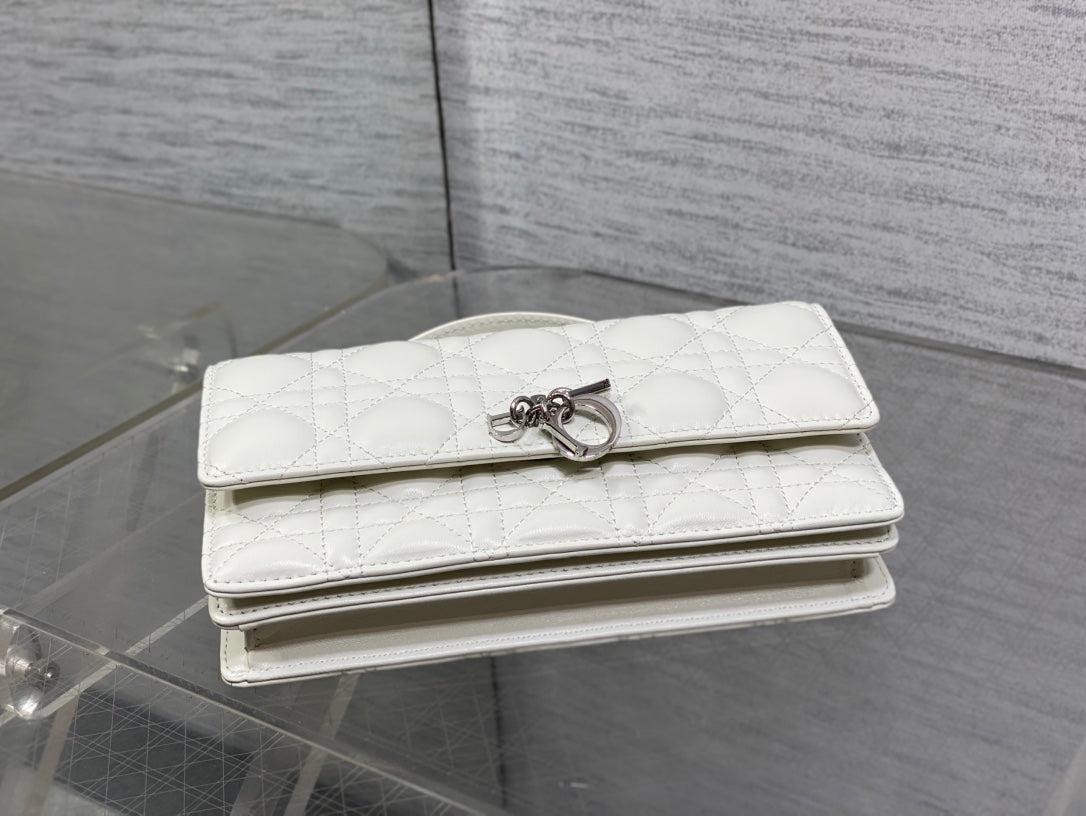 DIOR 25S  TALK PHONE POUCH 21 IN WHITE CANNAGE LAMBSKIN SILVER HARDWARE