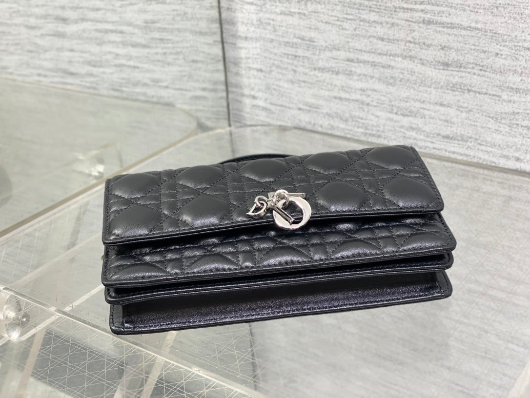 DIOR 25S  TALK PHONE POUCH 21 IN BLACK CANNAGE LAMBSKIN SILVER HARDWARE