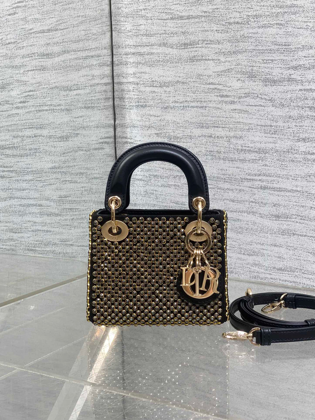 DIOR 25S MINI LADY D-LITE BAG 12 IN BLACK CANVAS AND CALFSKIN CRYSTAL-STUDDED