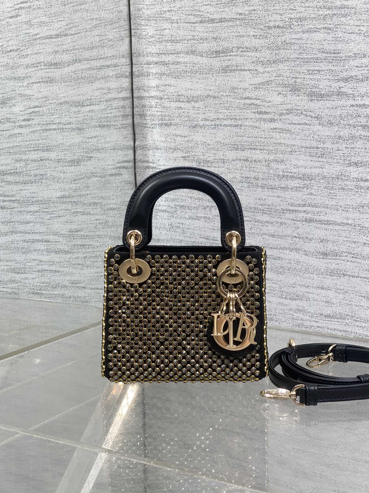 DIOR 25S MINI LADY D-LITE BAG 12 IN BLACK CANVAS AND CALFSKIN CRYSTAL-STUDDED