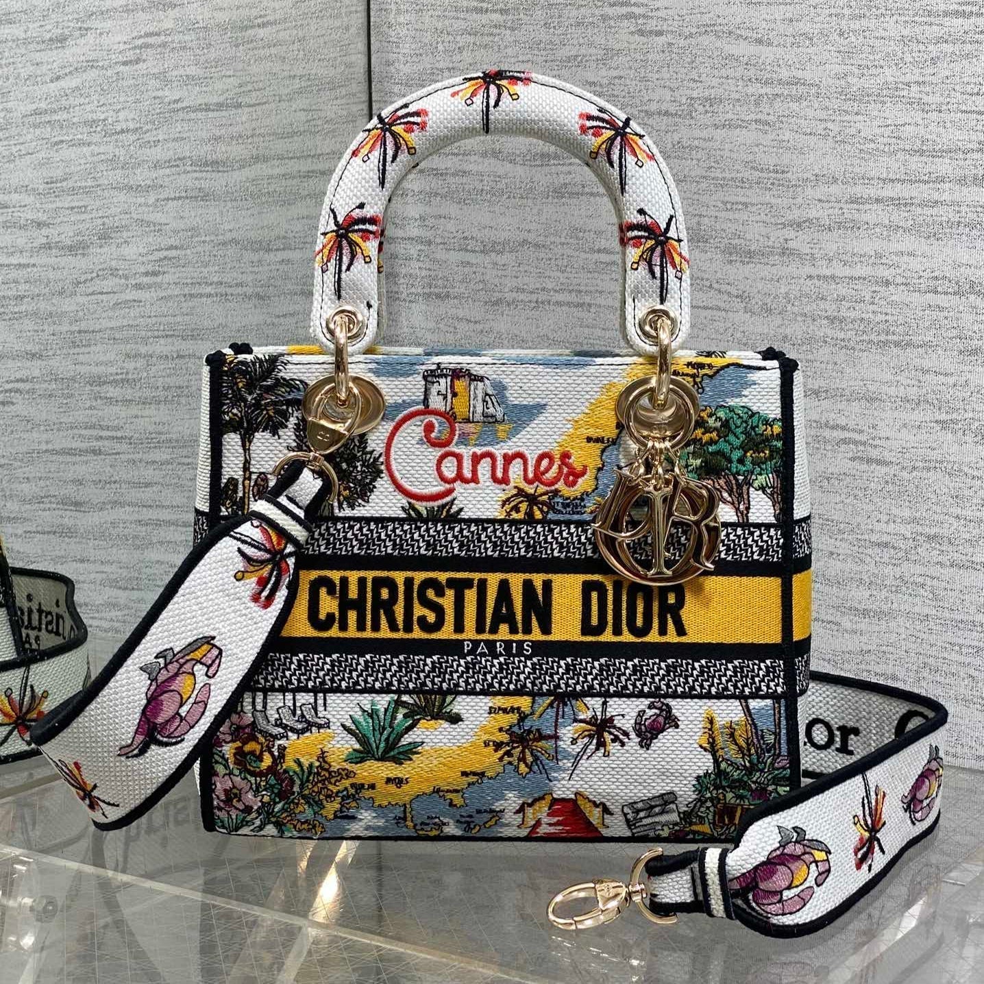 DIOR 25S SMALL LADY D-LITE BAG 24 IN YELLOW CANVAS  CANNES
