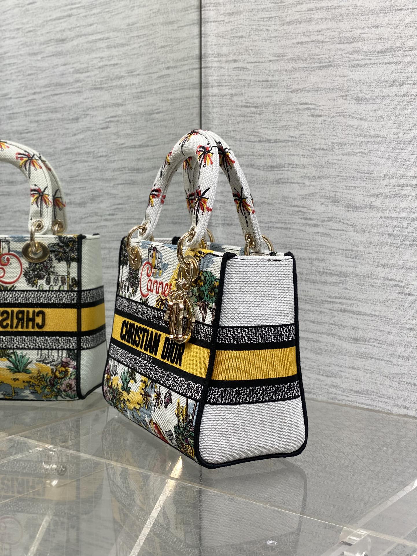 DIOR 25S SMALL LADY D-LITE BAG 24 IN YELLOW CANVAS  CANNES