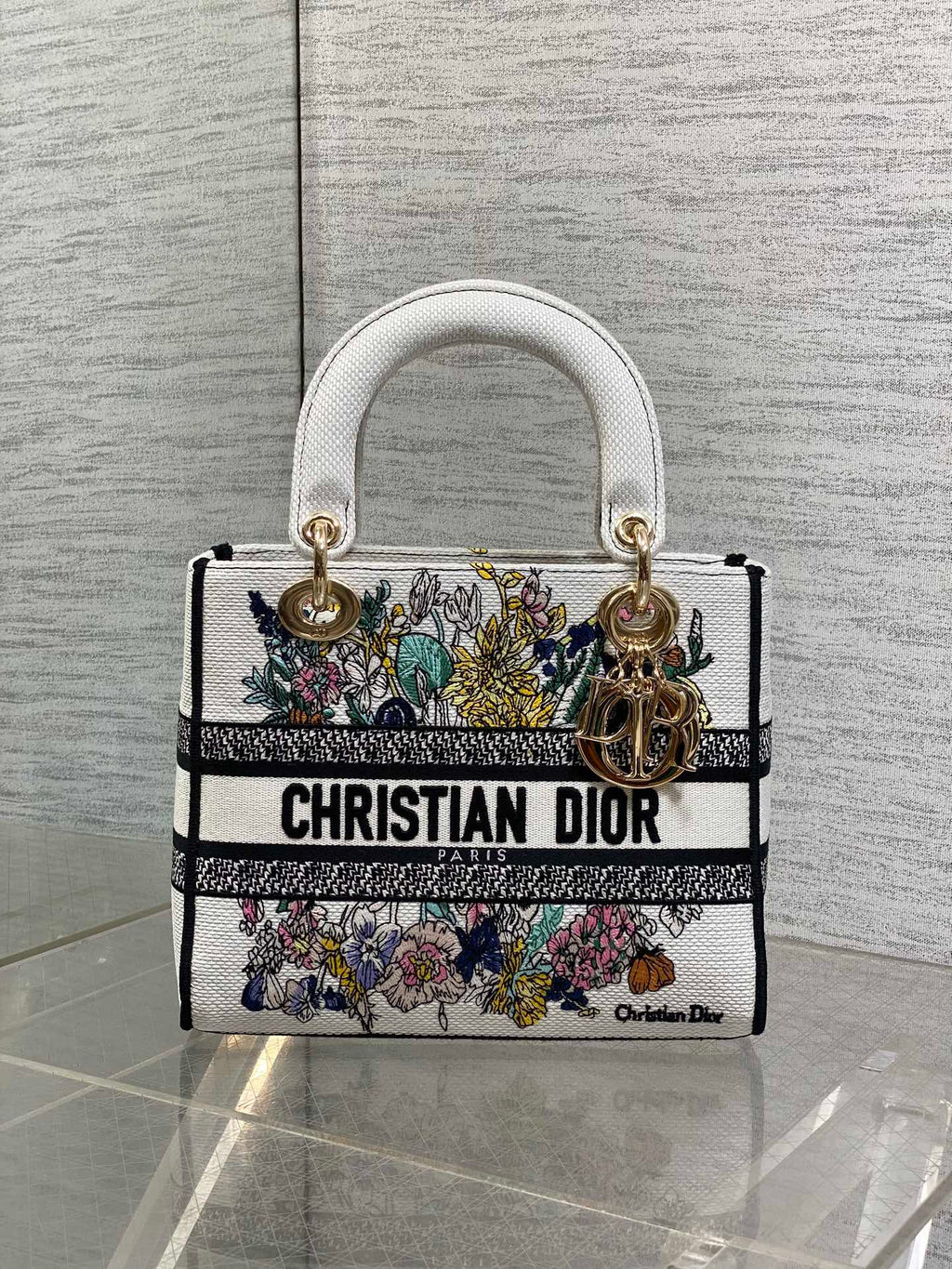 DIOR 25S SMALL LADY D-LITE BAG 24 IN WHITE  FLOWERS CALENDAR ALLOVER EMBROIDERY