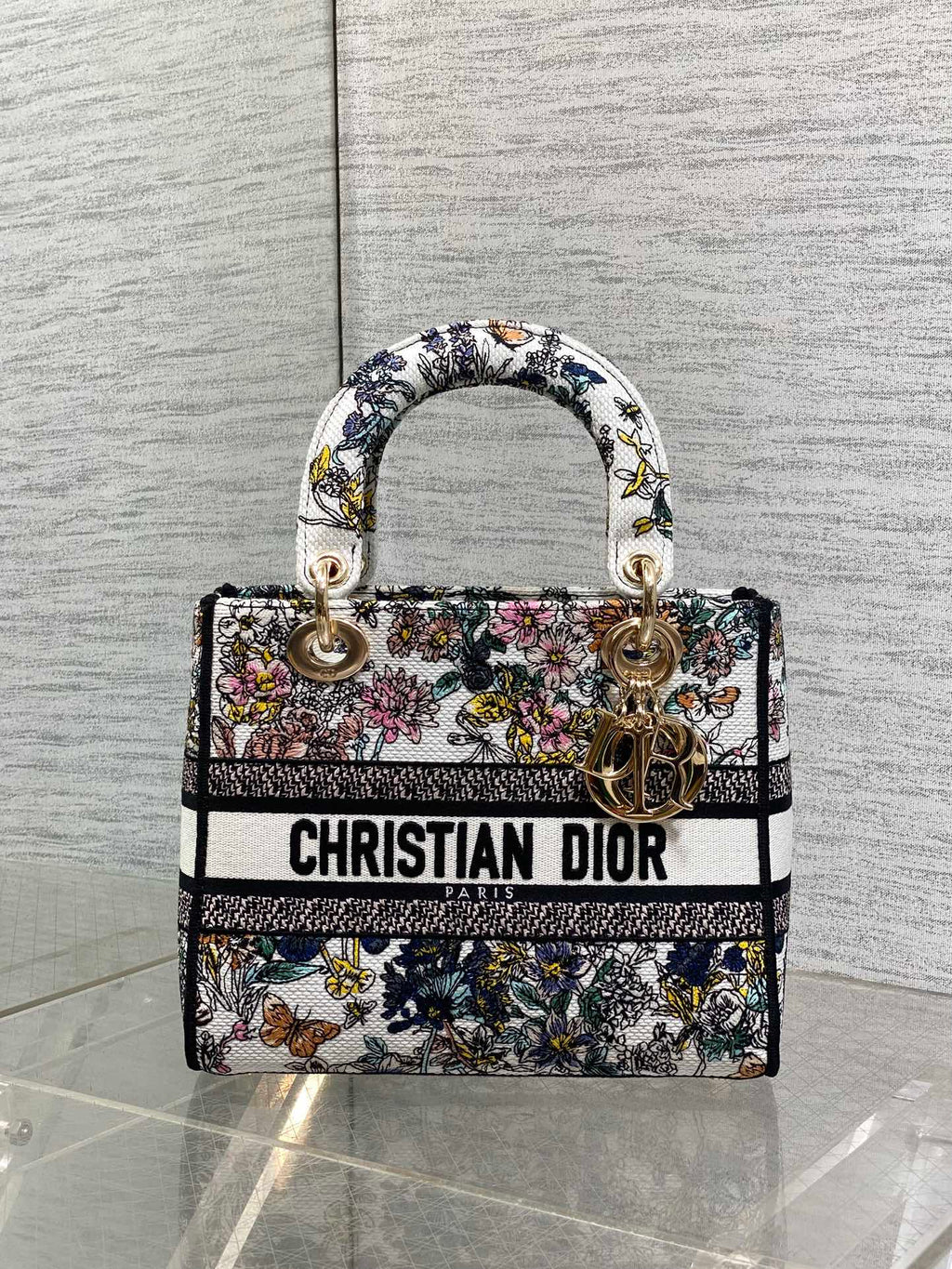 DIOR 25S SMALL LADY D-LITE BAG 24 IN MULTICOLOR  FLOWERS CALENDAR ALLOVER EMBROIDERY