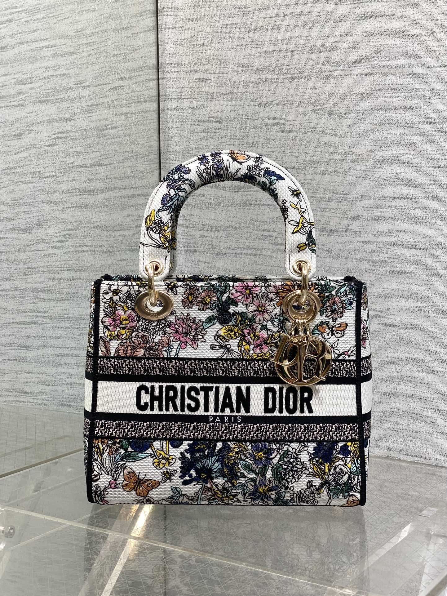 DIOR 25S SMALL LADY D-LITE BAG 24 IN MULTICOLOR  FLOWERS CALENDAR ALLOVER EMBROIDERY