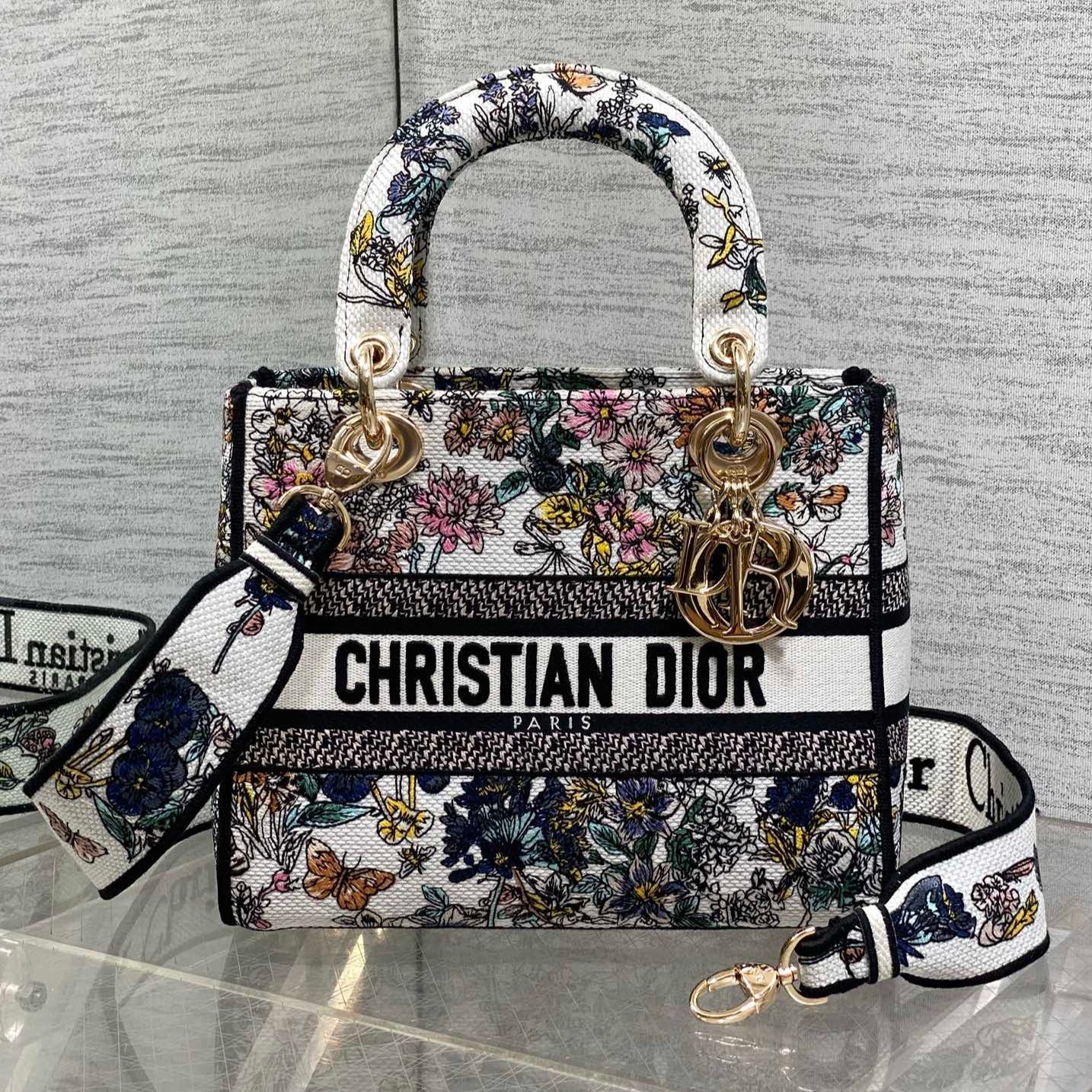 DIOR 25S SMALL LADY D-LITE BAG 24 IN MULTICOLOR  FLOWERS CALENDAR ALLOVER EMBROIDERY