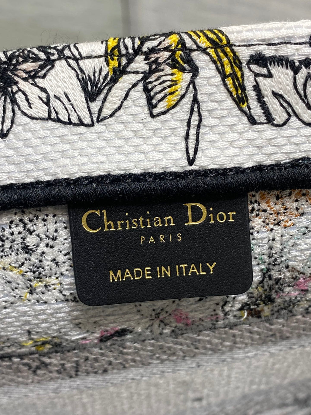 DIOR 25S LUCKY SMALL DIOR BOOK TOTE 26 IN MULTICOLOR DIOR FLOWERS CALENDAR ALLOVER EMBROIDERY