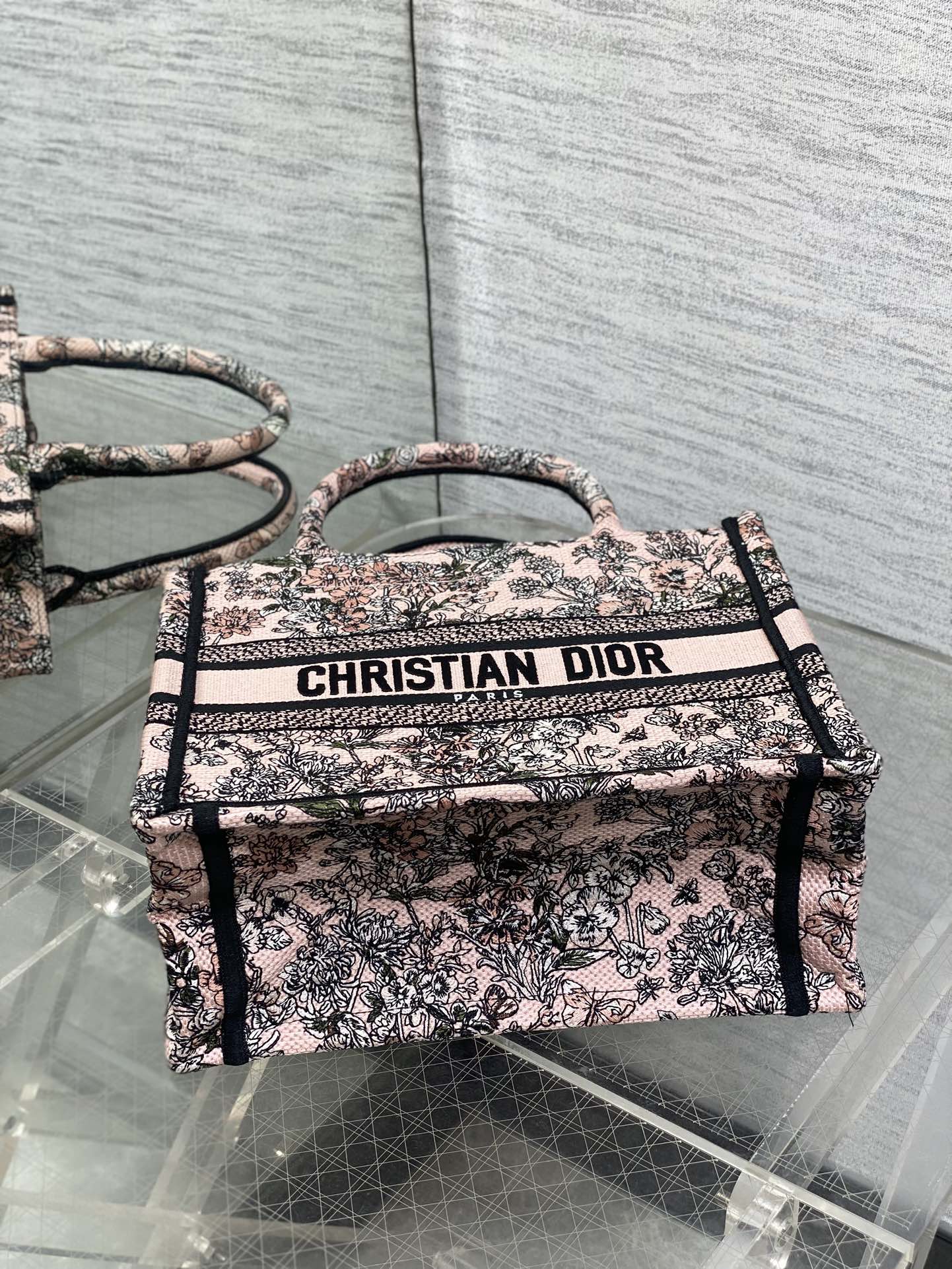 DIOR 25S LUCKY SMALL DIOR BOOK TOTE 26 IN PINK MULTICOLOR DIOR FLOWERS CALENDAR ALLOVER EMBROIDERY