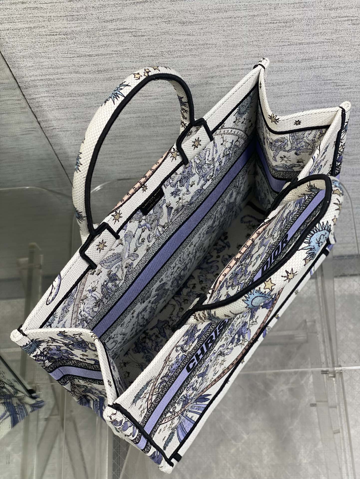 DIOR 25S LARGE BOOK TOTE 42 IN WHITE AND PURPLE DIOR NIGHT OF DREAMS EMBROIDERY