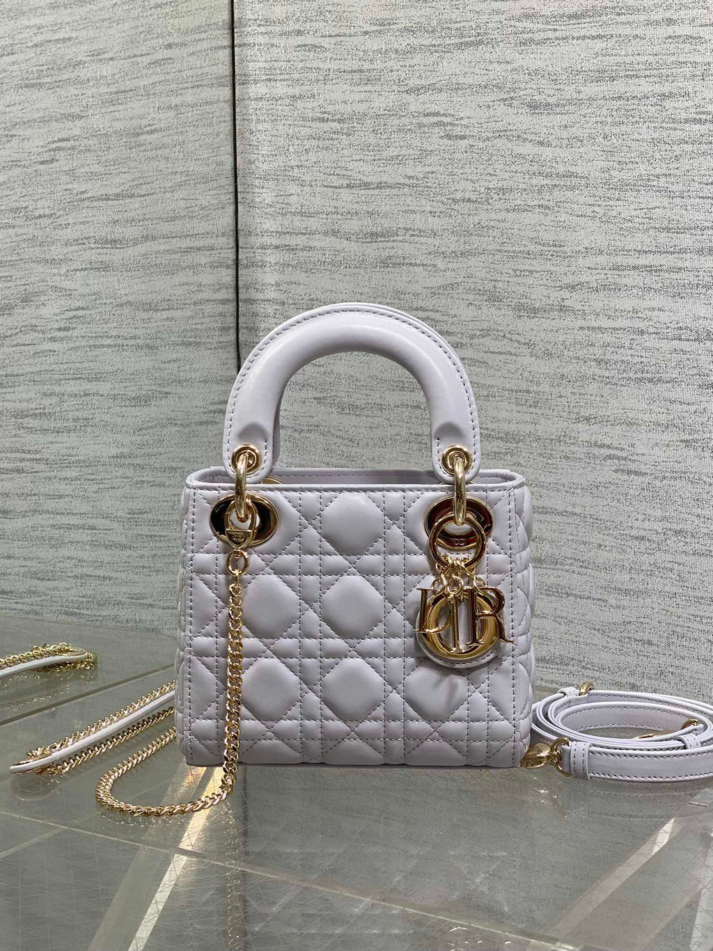 DIOR 25S MINI LADY  BAG 17 IN LILAC CANNAGE CALFSKIN GOLD HARDWRE