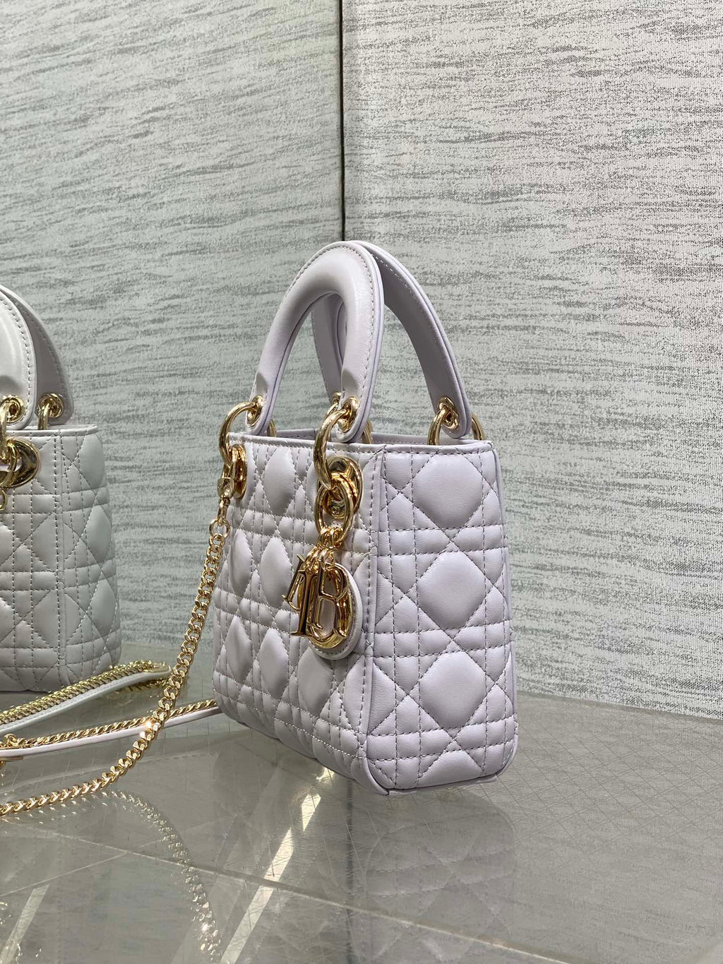 DIOR 25S MINI LADY  BAG 17 IN LILAC CANNAGE CALFSKIN GOLD HARDWARE