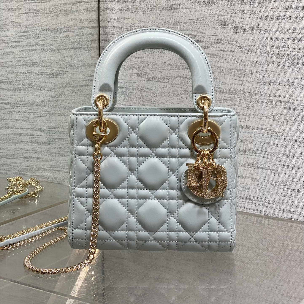 DIOR 25S MINI LADY  BAG 17 IN LIGHT BLUE CALFSKIN CHARM CRYSTAL EMBELLISHMENTS
