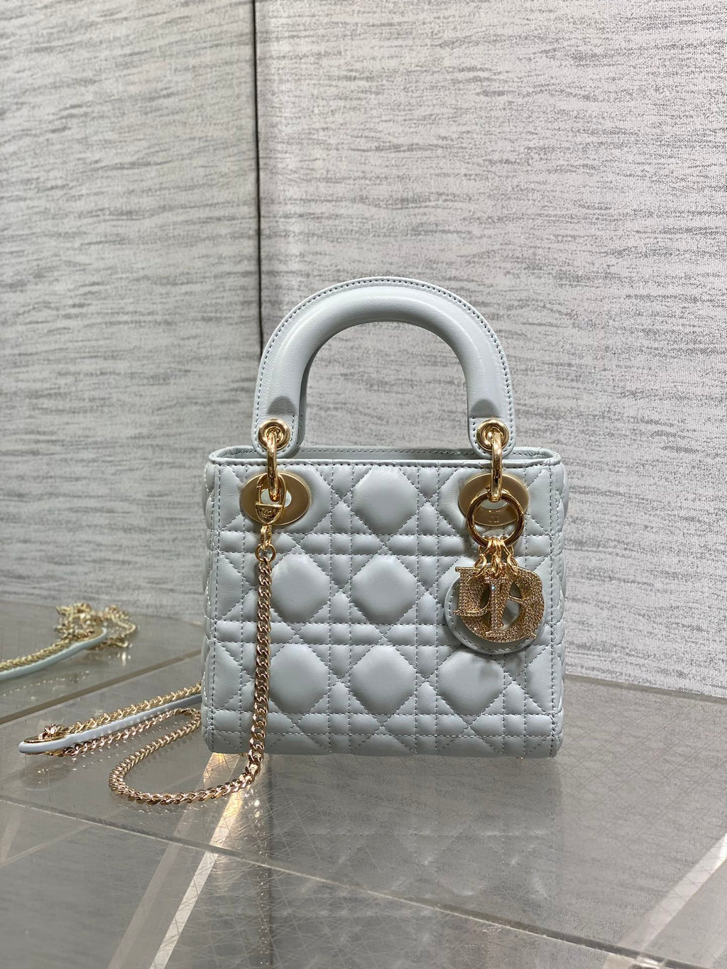 DIOR 25S MINI LADY  BAG 17 IN LIGHT BLUE CALFSKIN CHARM CRYSTAL EMBELLISHMENTS