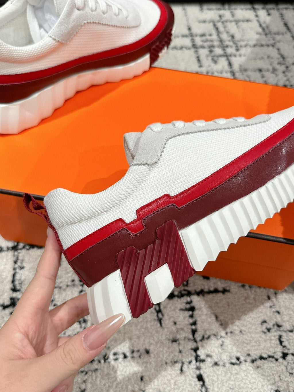 HERMES BOUNCING SNEAKER IN WINE RED CALFSKIN AND WHITE FABRIC