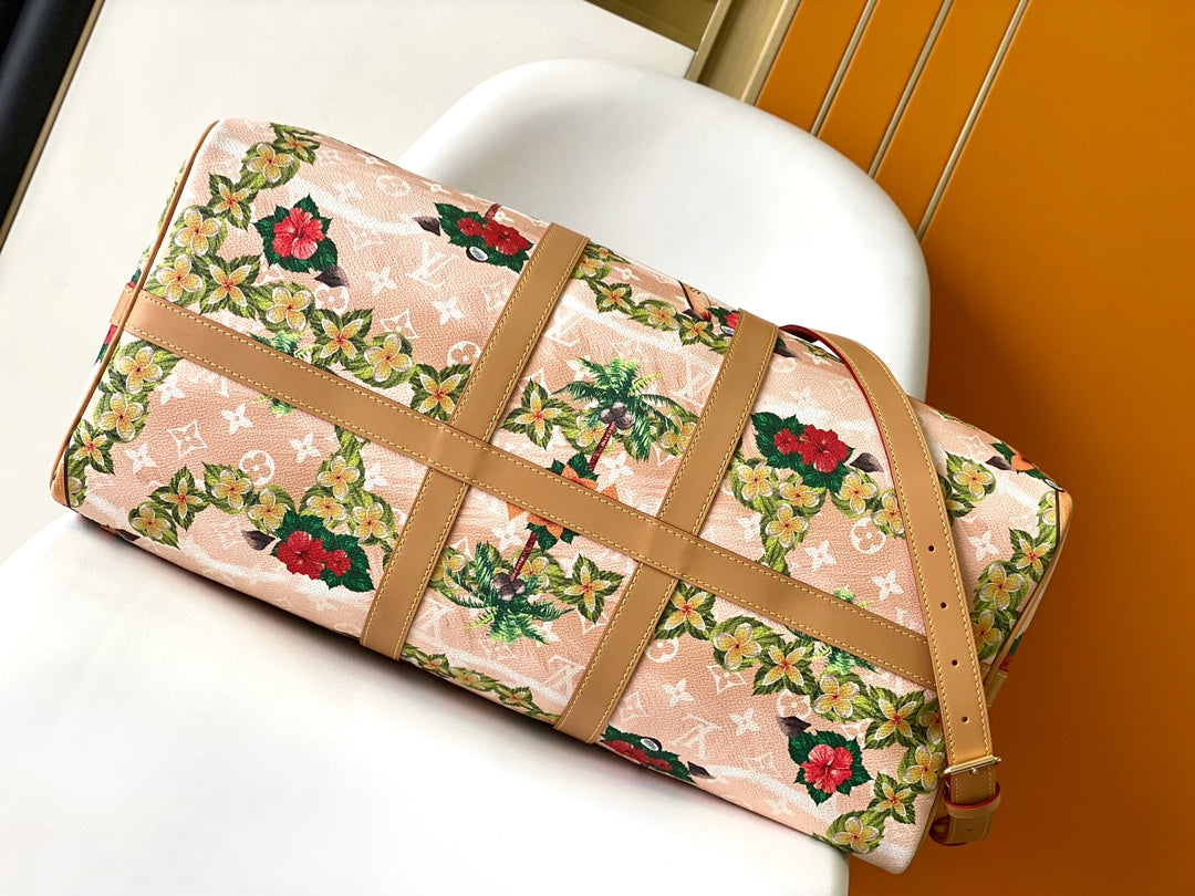 LOUIS VUITTON KEEPALL BANDOULIÈRE 50 IN SAND TROPICAL MOTIFS MONOGRAM SURFIN CANVAS
