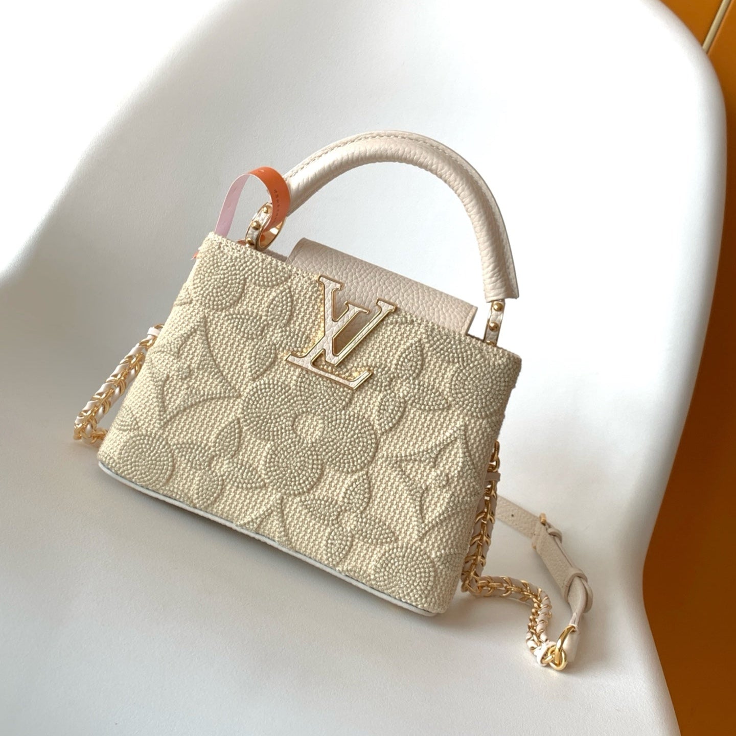 LOUIS VUITTON LV 25S CAPUCINES MINI BAG 21 IN VANILLA-COLORED EMBROIDERED CANVAS