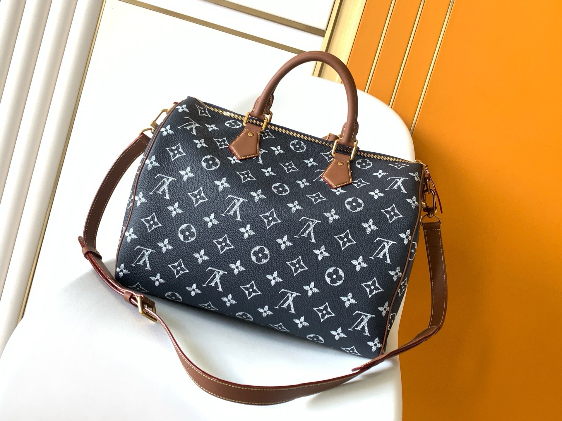 LOUIS VUITTON LV 25S SPEEDY BANDOULIÈRE BAG 40 IN CHARCOAL BLUE CALFSKIN GOLD HARDWARE