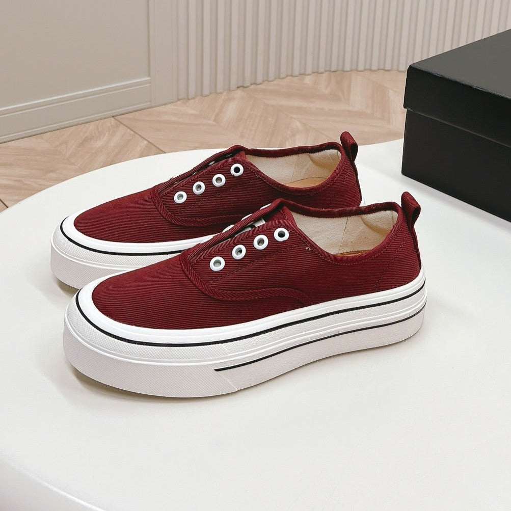 CHANEL Double C Platform Biscuit Shoes Fabric Cherry Red