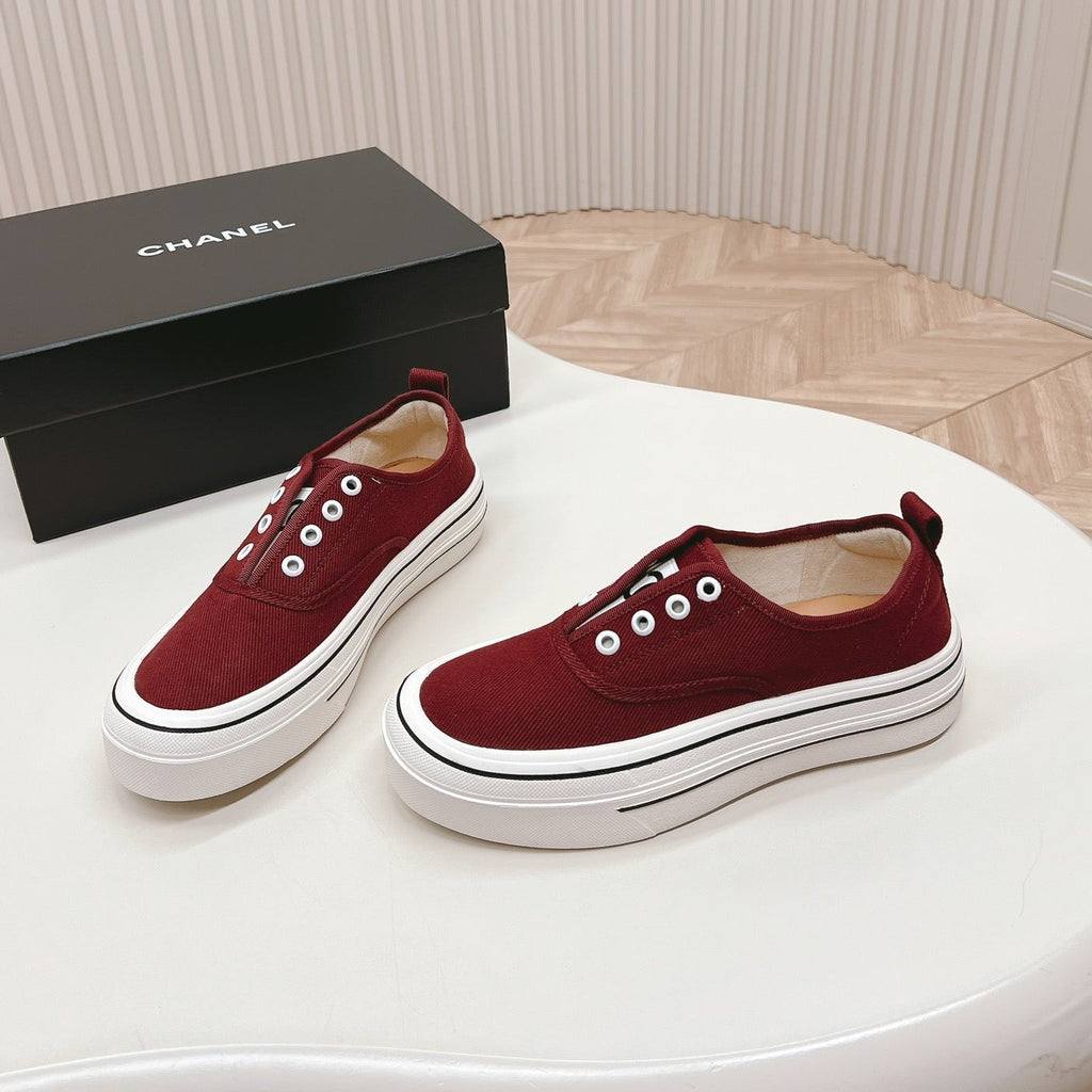 CHANEL Double C Platform Biscuit Shoes Fabric Cherry Red