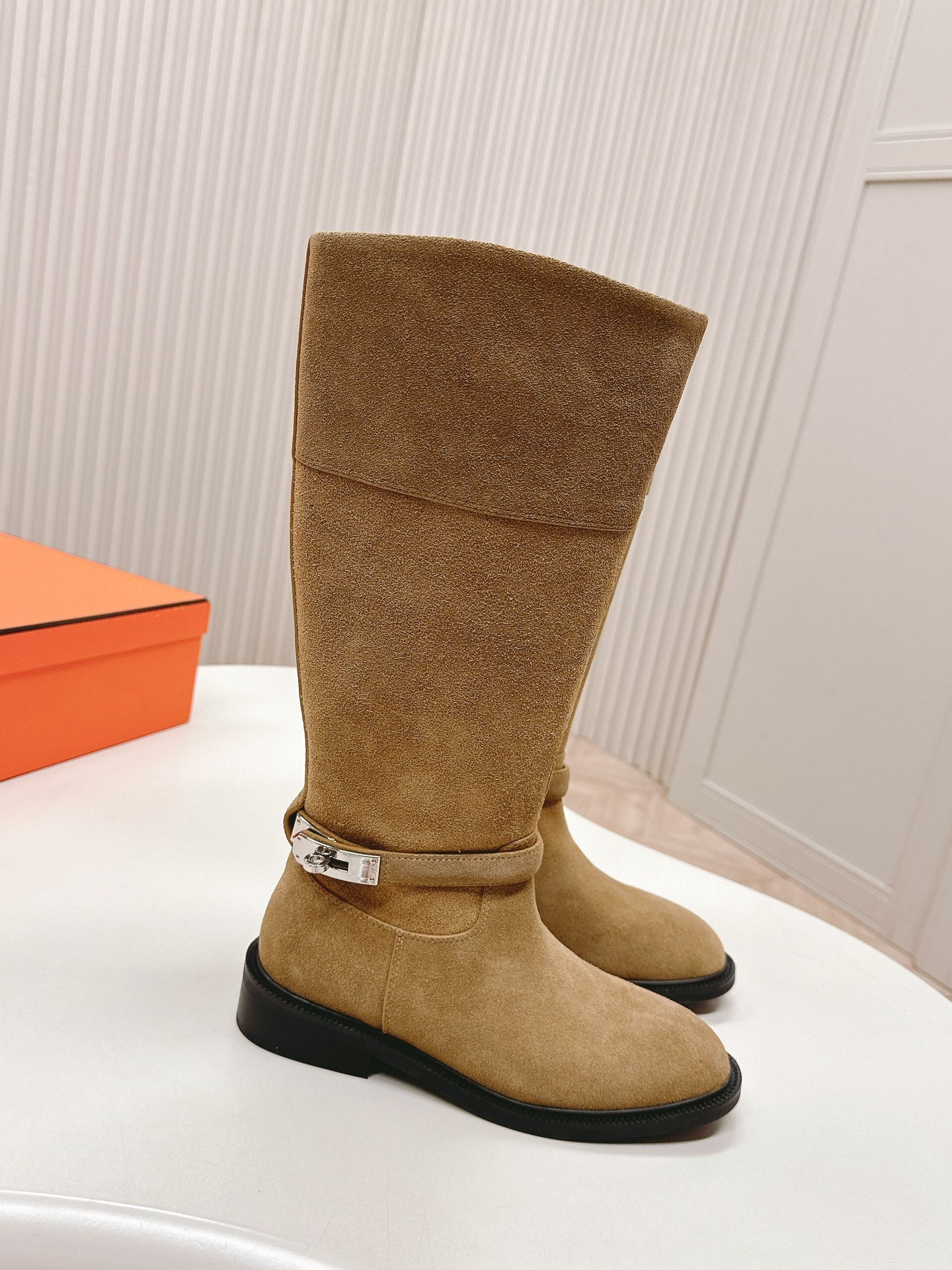 HERMES KNEE HIGH BOOTS IN CIDER BROWN SUEDE WITH SILVER BUCKLE