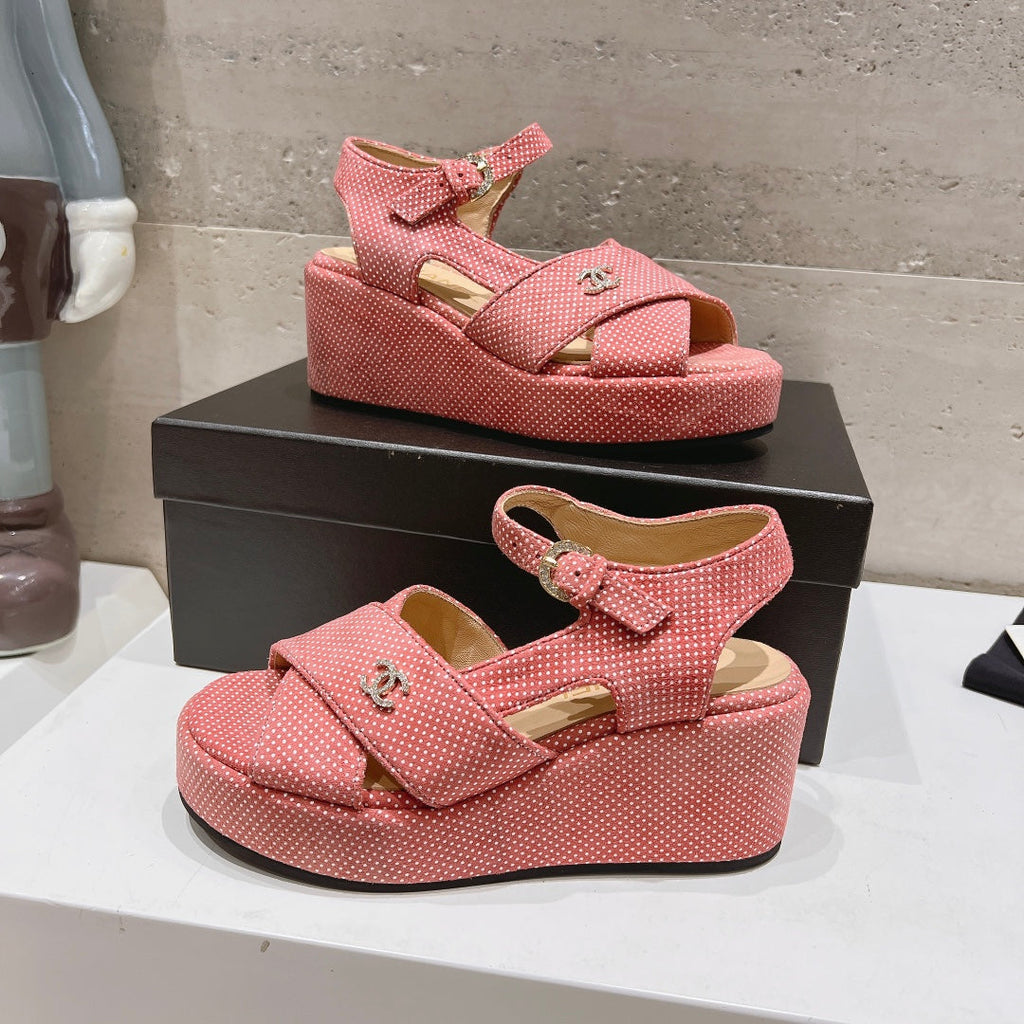 CHANEL Wedge Open-Toe High Heel Sandals Light Pink Sheepskin