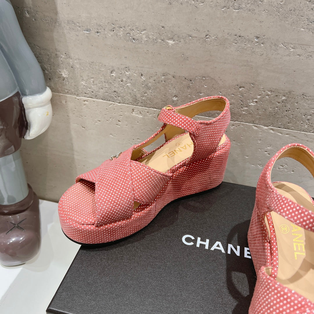 CHANEL Wedge Open-Toe High Heel Sandals Light Pink Sheepskin