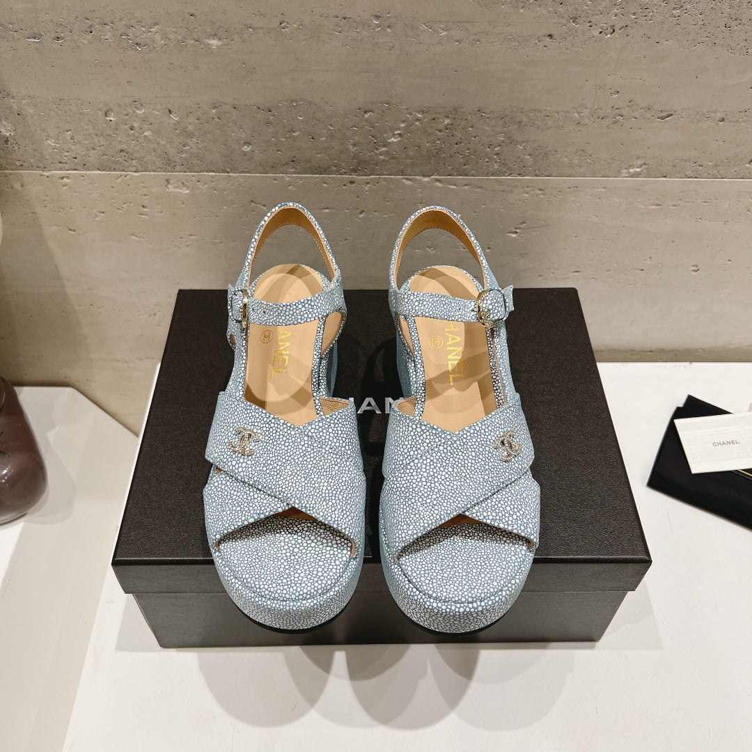 CHANEL Wedge Open-Toe High Heel Sandals Saphire Blue Sheepskin