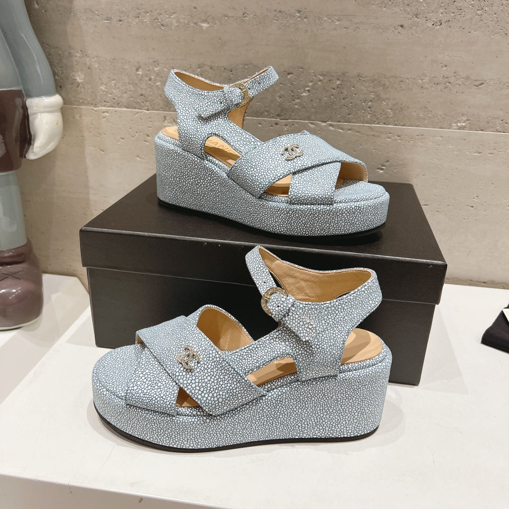 CHANEL Wedge Open-Toe High Heel Sandals Saphire Blue Sheepskin