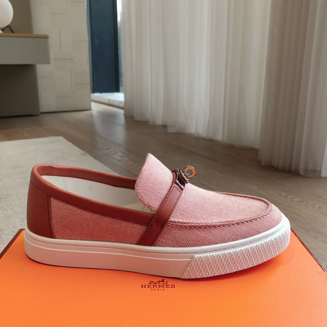 HERMES GAME SLIP-ON SNEAKER LIGHT PINK FABRIC AND CALFSKIN