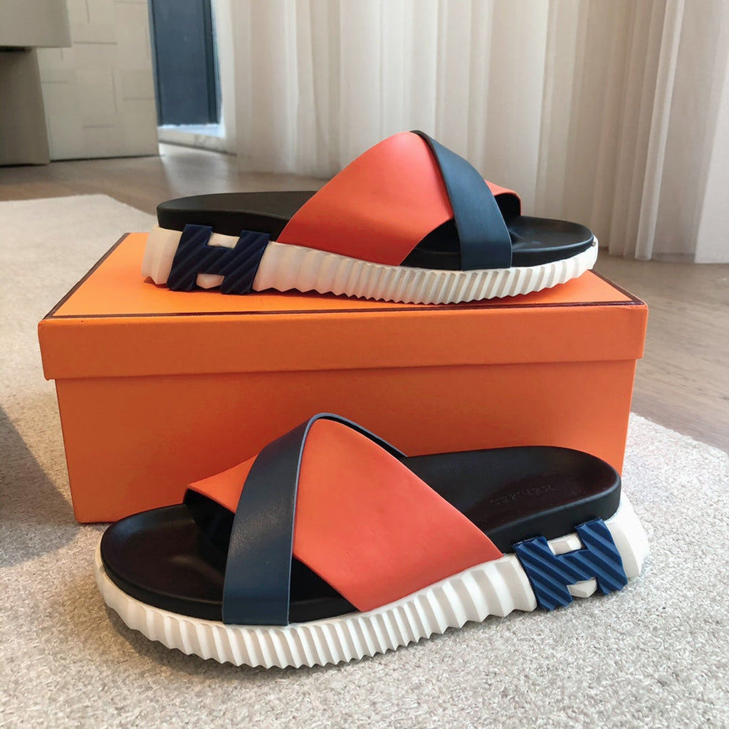 HERMES INFRA SANDAL BLACK MIX ORANGE CALFSKIN