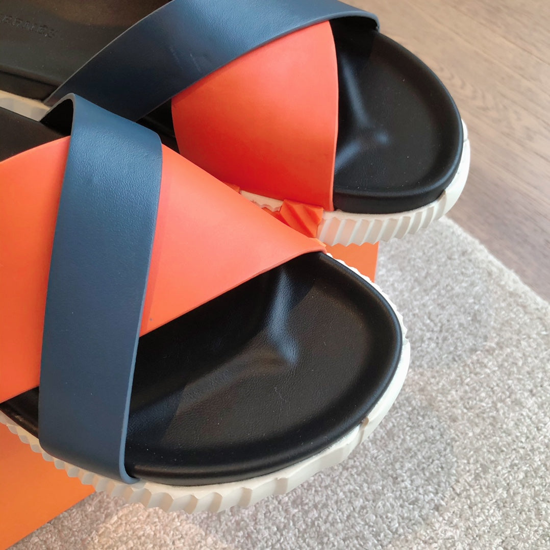 HERMES INFRA SANDAL BLACK MIX ORANGE CALFSKIN