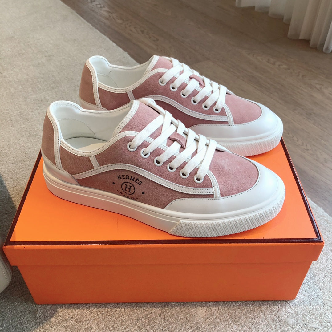 HERMES GET SNEAKER WHITE CALFSKIN AND PINK SUEDE