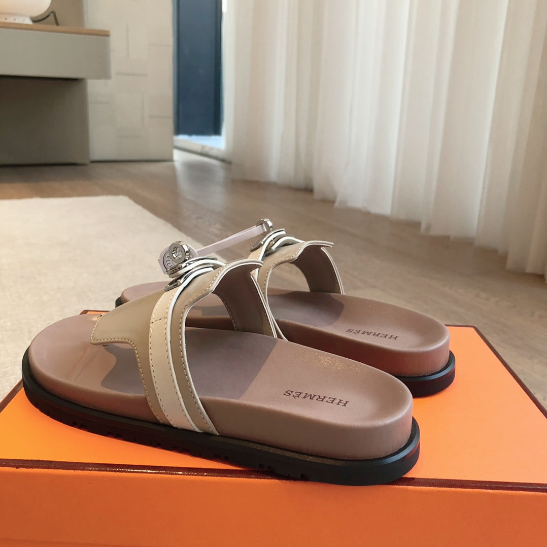 HERMES EMPIRE SANDAL LIGHT BROWN MIX CREAM CALFSKIN