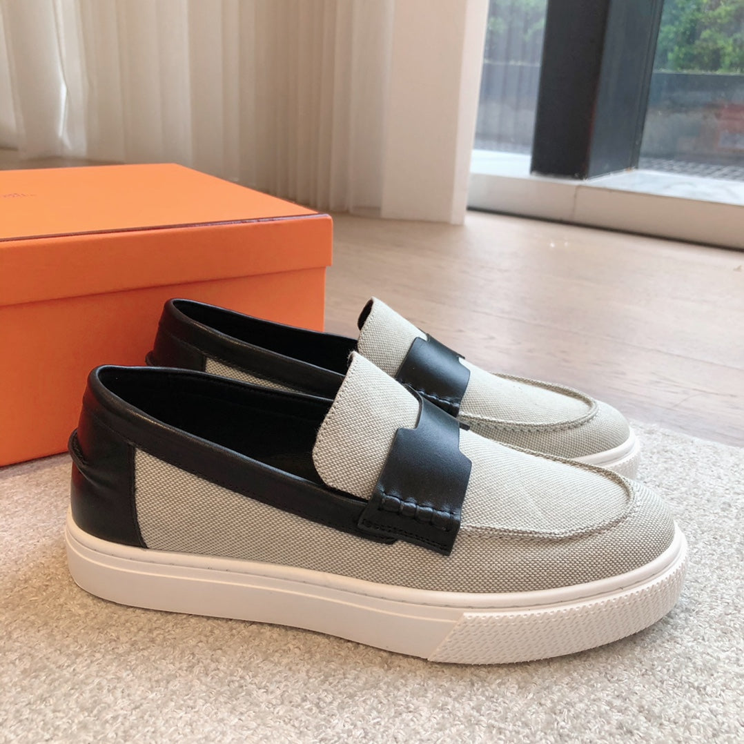 HERMES JOB LOAFER LIGHT GRAY MIX BLACK CALFSKIN