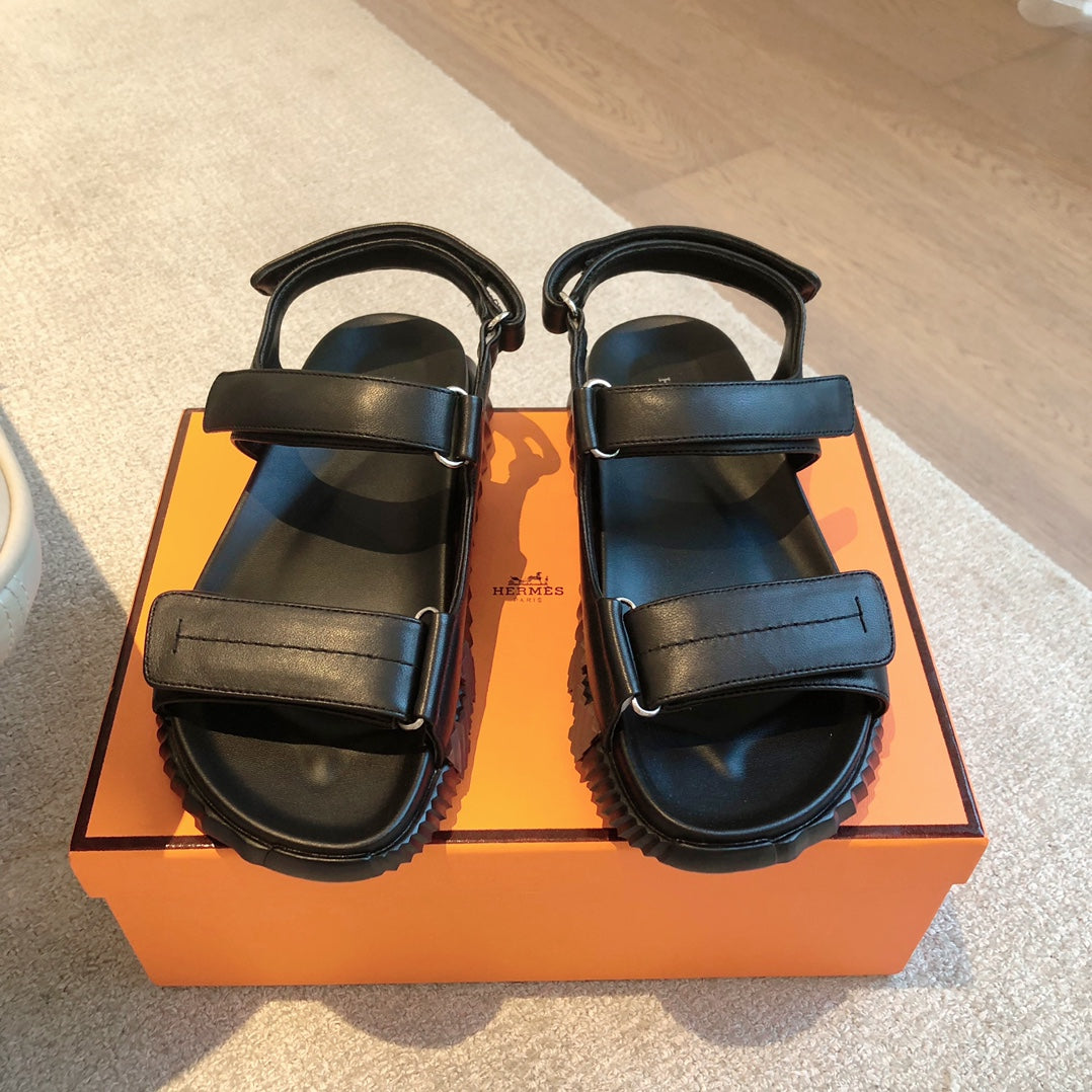 HERMES DAD SANDALS IN BLACK CALFSKIN AND RUBBER