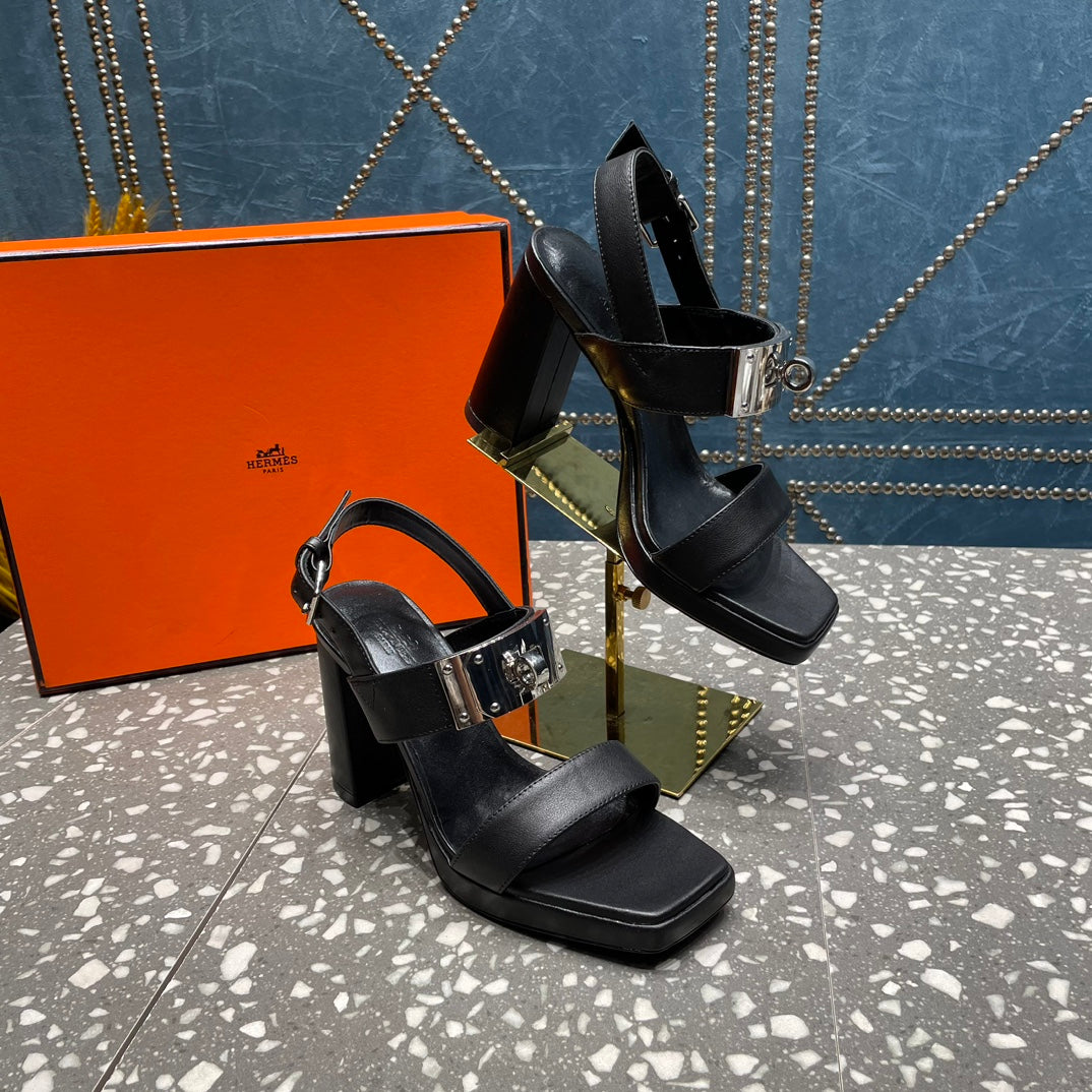 HERMES ILONA SANDAL 95 BLACK CALFSKIN