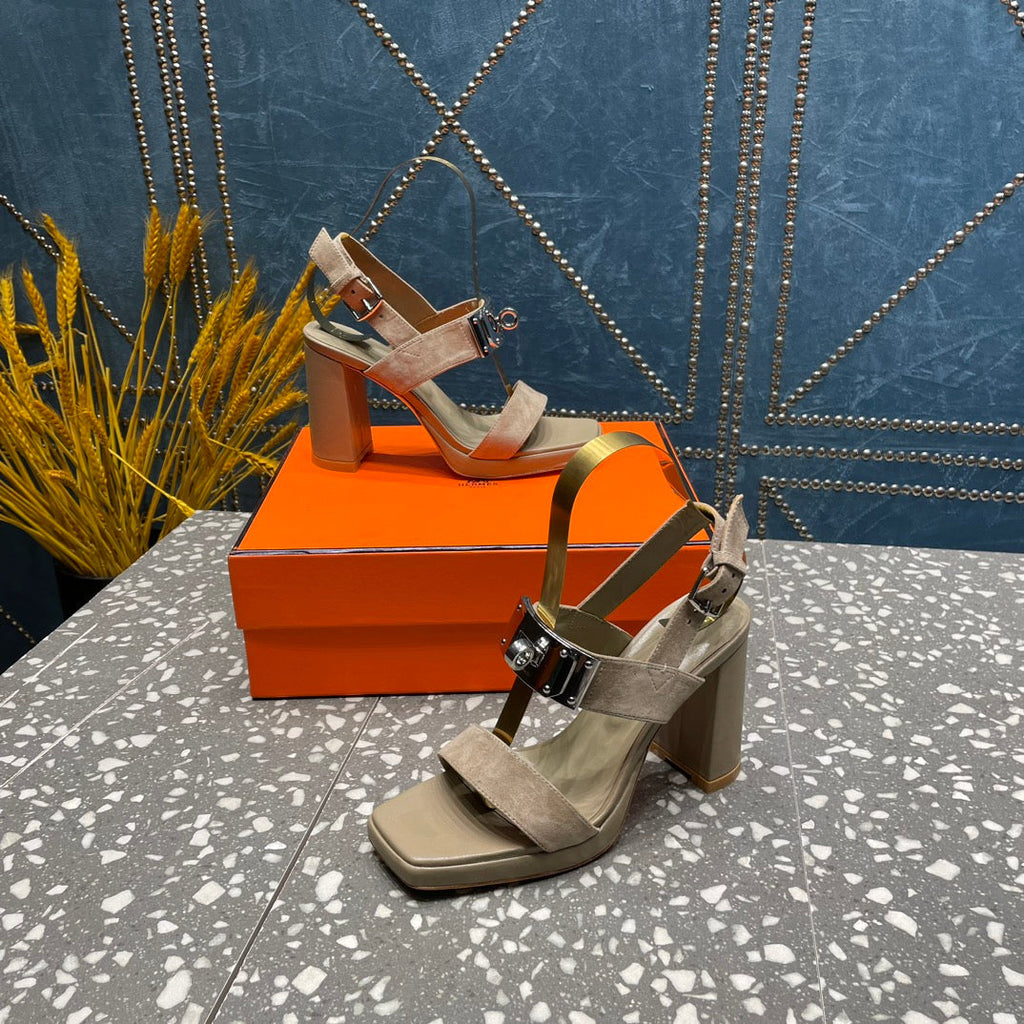HERMES ILONA SANDAL 95 LIGHT GRAY SUEDE
