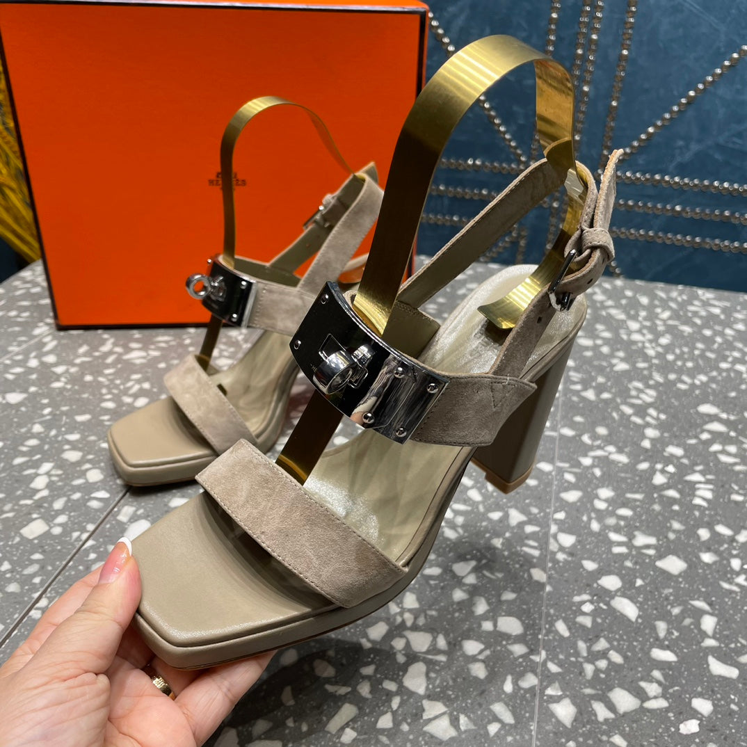 HERMES ILONA SANDAL 95 LIGHT GRAY SUEDE