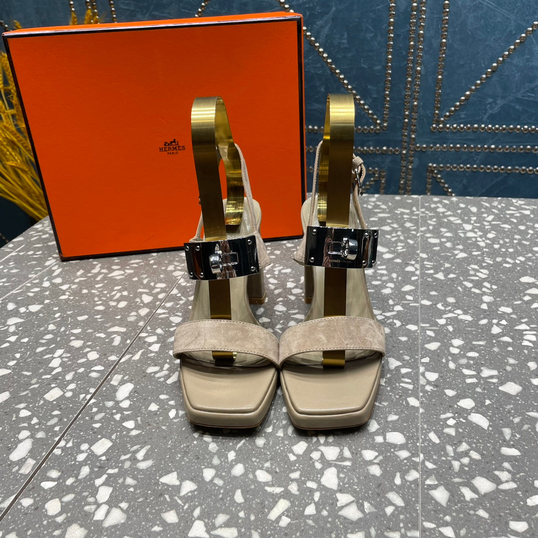 HERMES ILONA SANDAL 95 LIGHT GRAY SUEDE