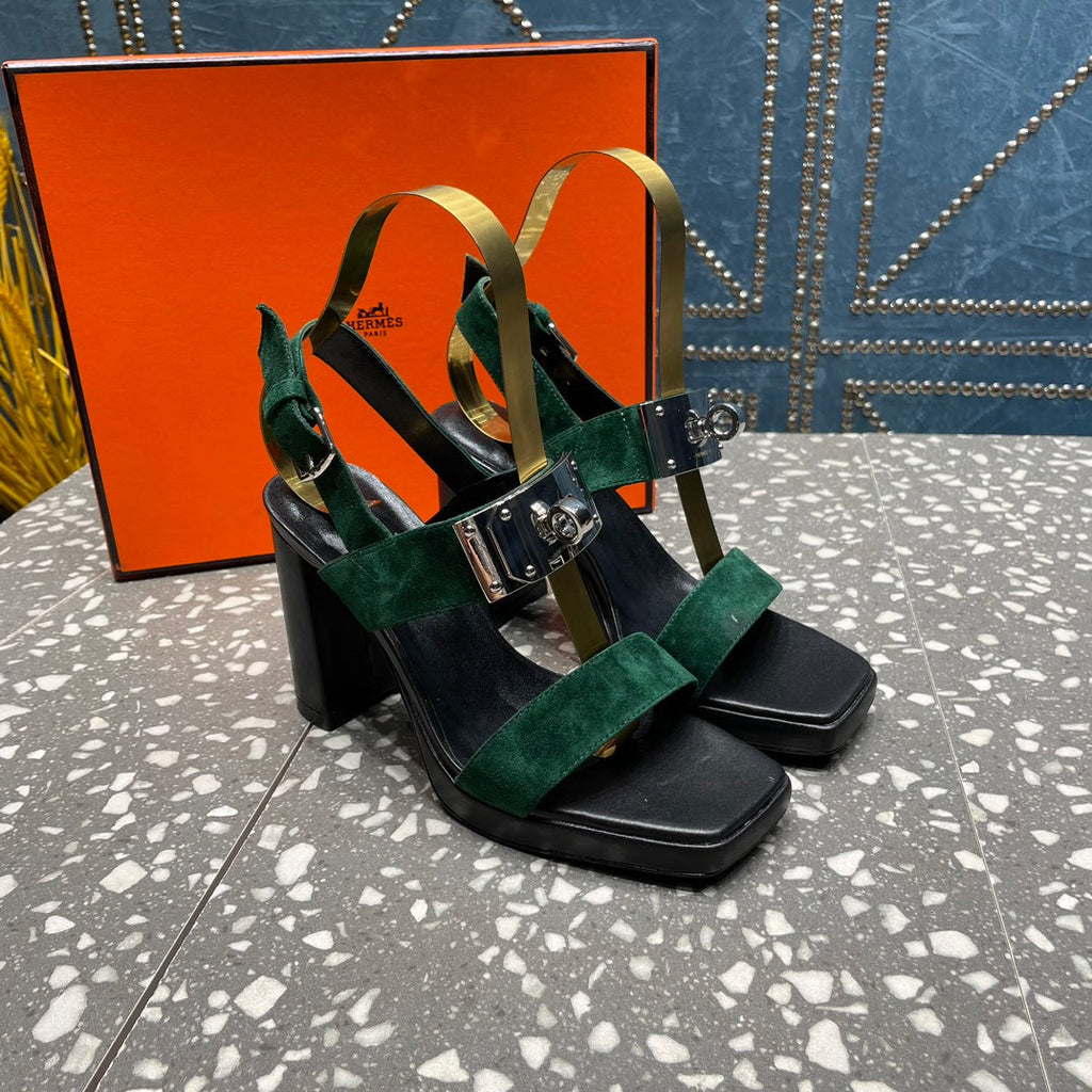 HERMES ILONA SANDAL 95 DARK GREEN SUEDE