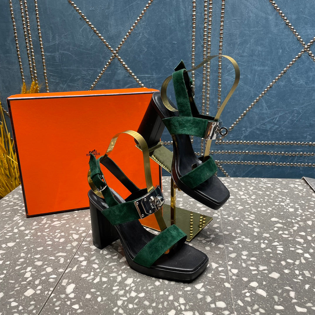 HERMES ILONA SANDAL 95 DARK GREEN SUEDE